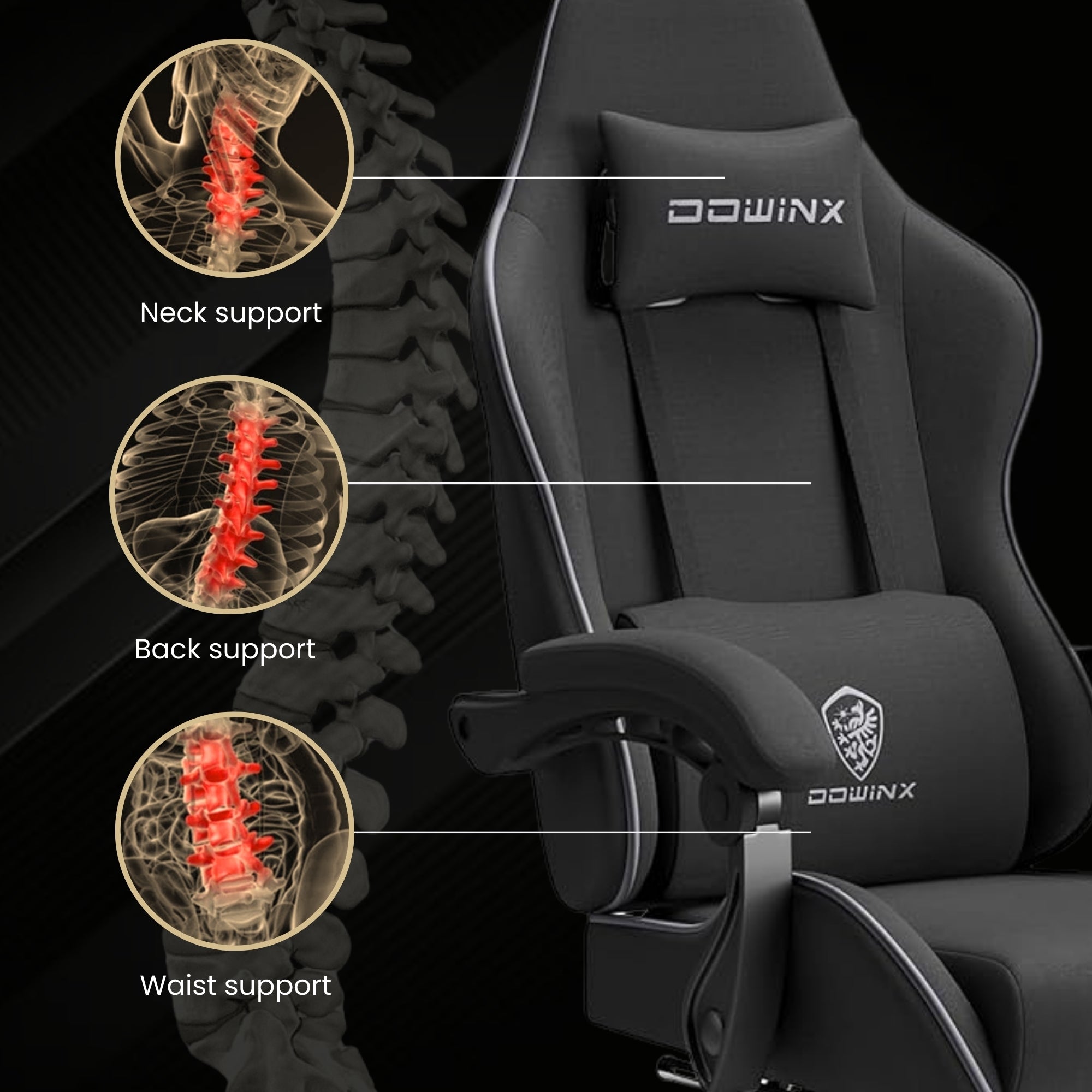 Dowinx Premium Fabric Gaming Chair (Black) | LinkArm | Massage Cushion | Footrest