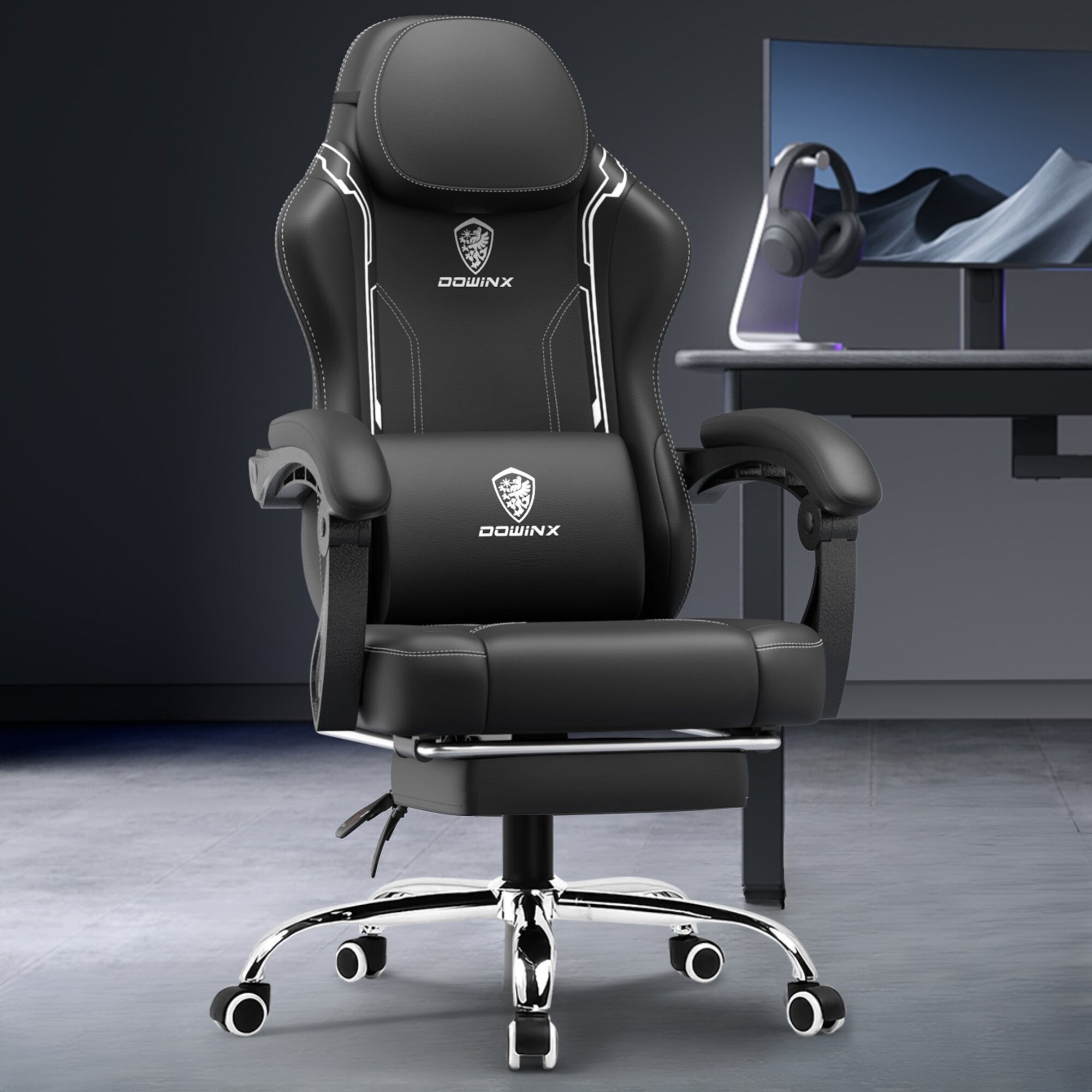 Dowinx Premium Leather Gaming Chair (Black) | LinkArm | Massage Cushion | Footrest