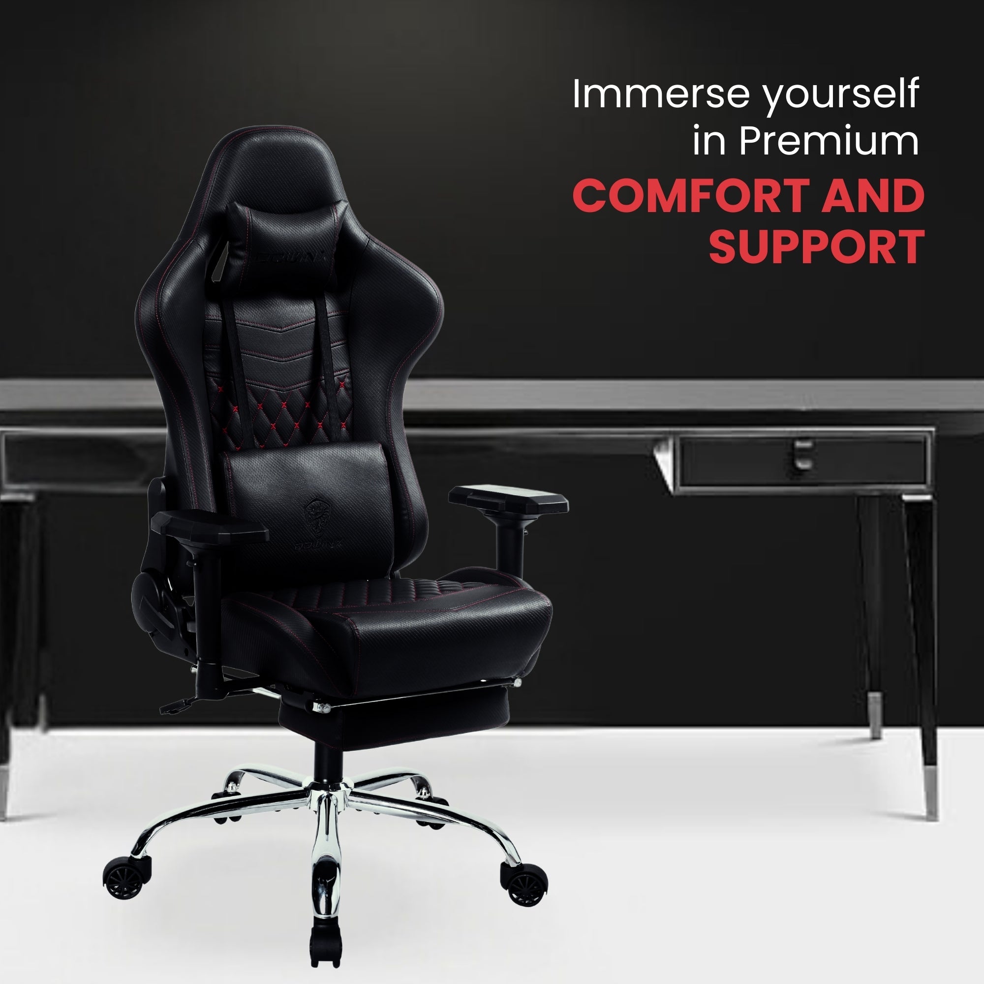 Dowinx Premium Leather Gaming Chair (Black) | 4D Arm | Massage Cushion | Footrest
