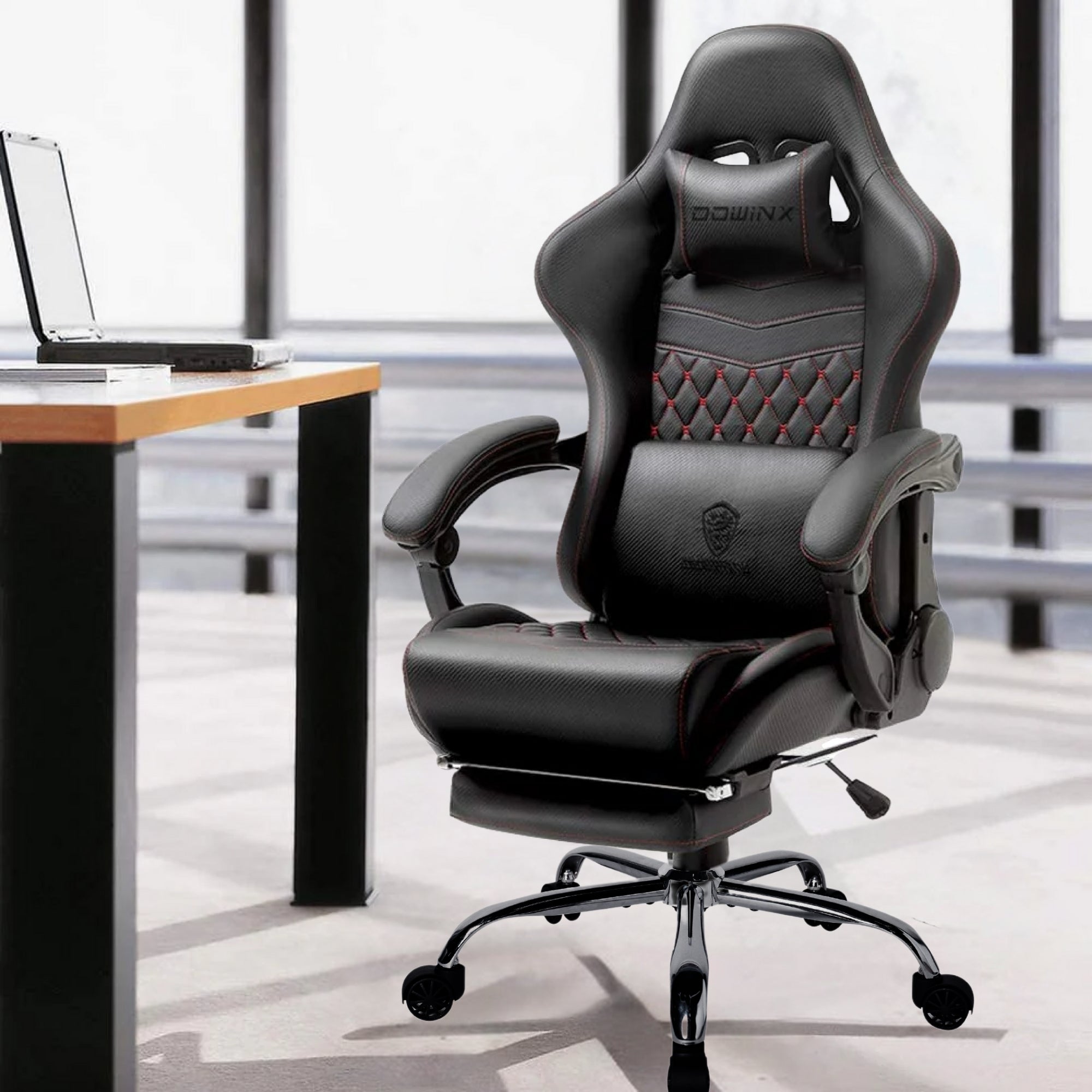 Dowinx Premium Leather Gaming Chair (Full Black Edition) | LinkArm | Massage Cushion | Footrest