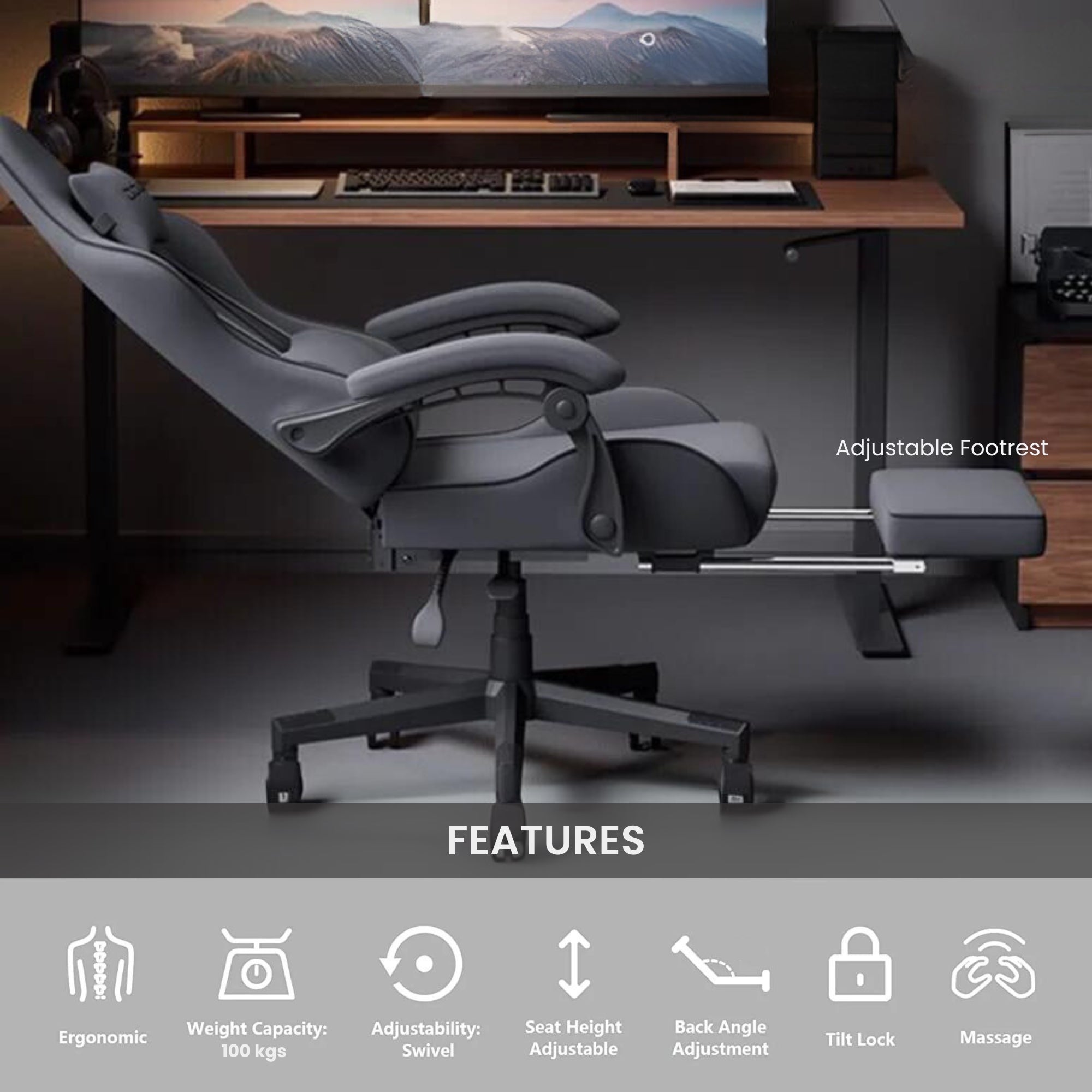 Dowinx Premium Fabric Gaming Chair (Grey) | LinkArm | Massage Cushion | Footrest