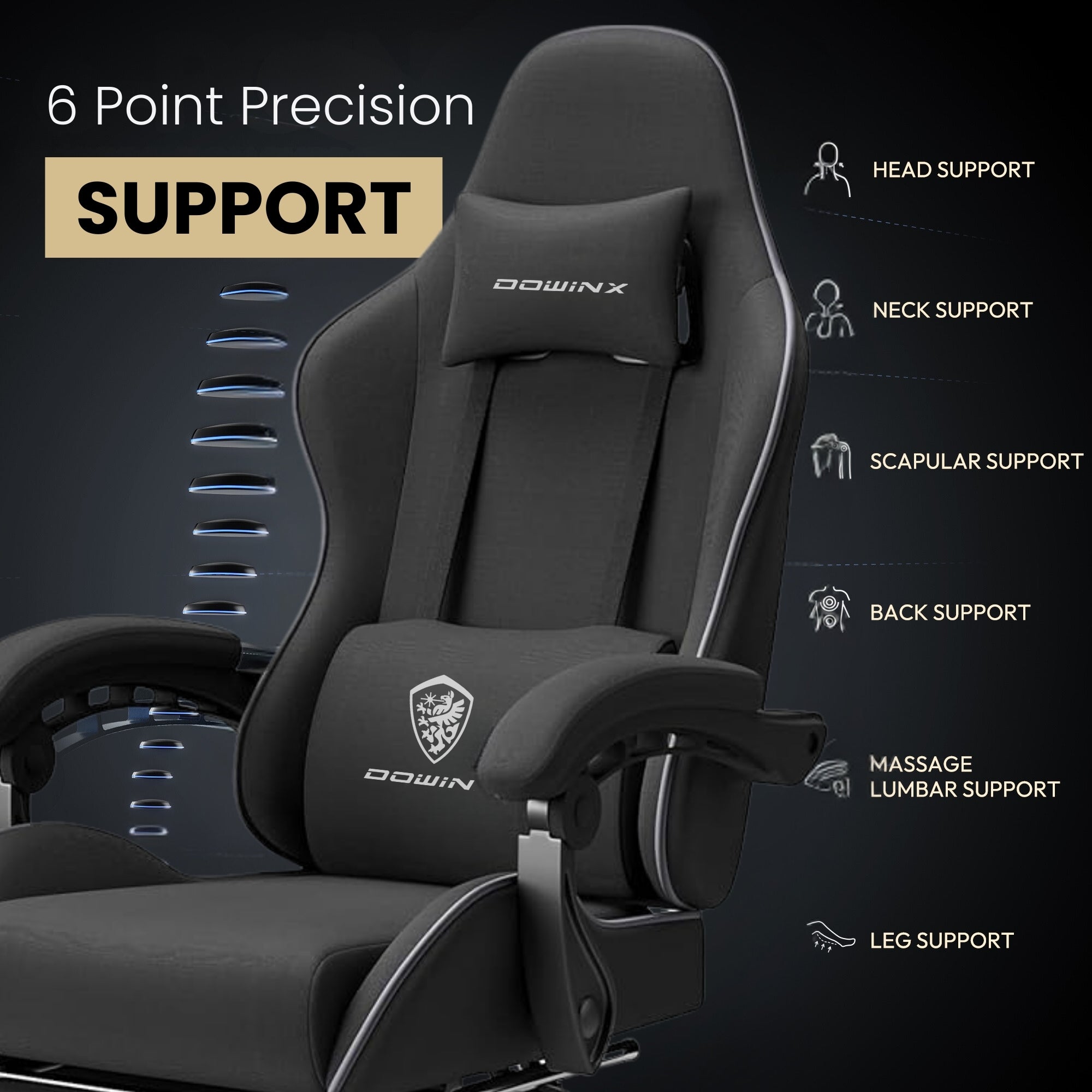 Dowinx Premium Fabric Gaming Chair (Black) | LinkArm | Massage Cushion | Footrest