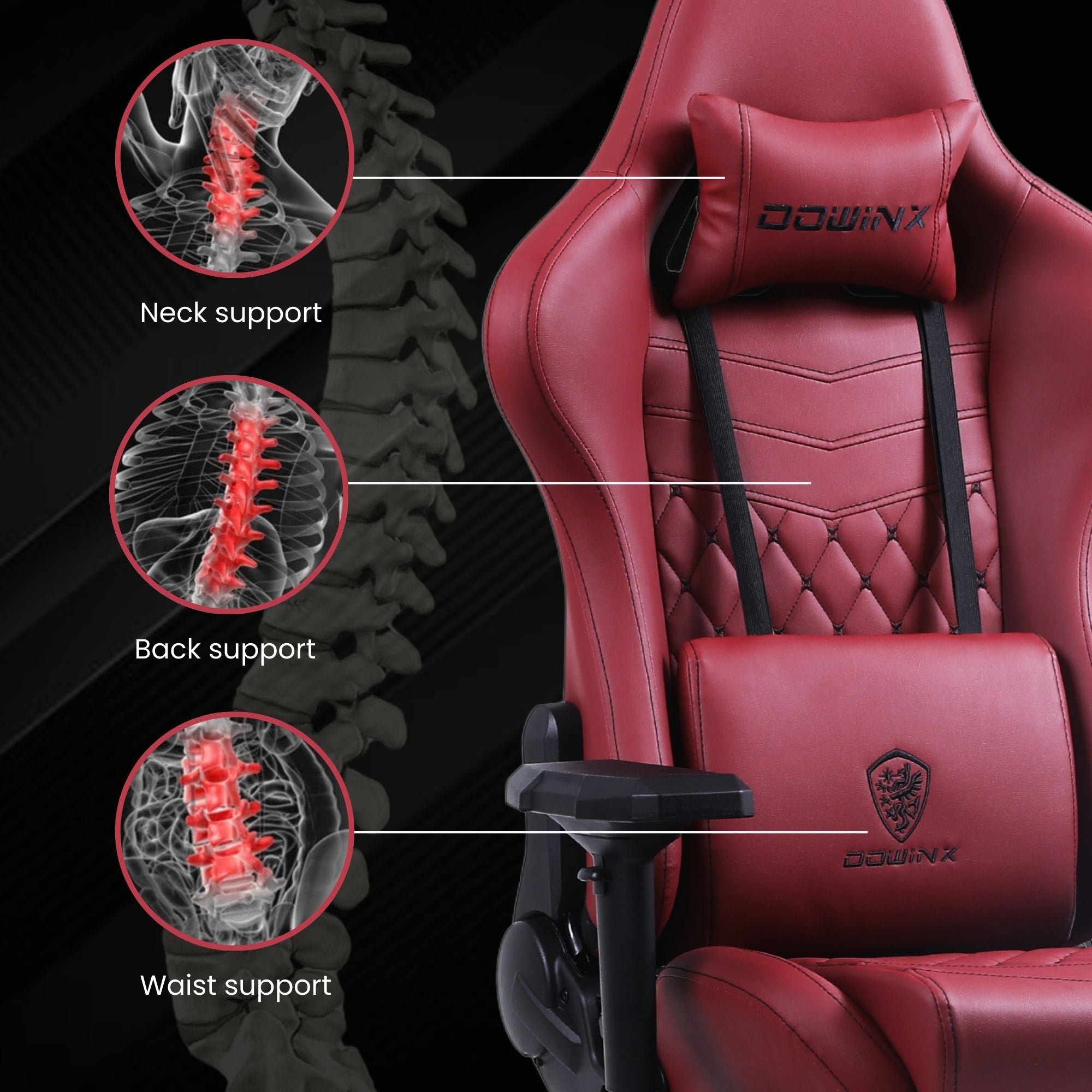 Dowinx Premium Leather Gaming Chair (Red) | 4D Arm | Massage Cushion | Footrest