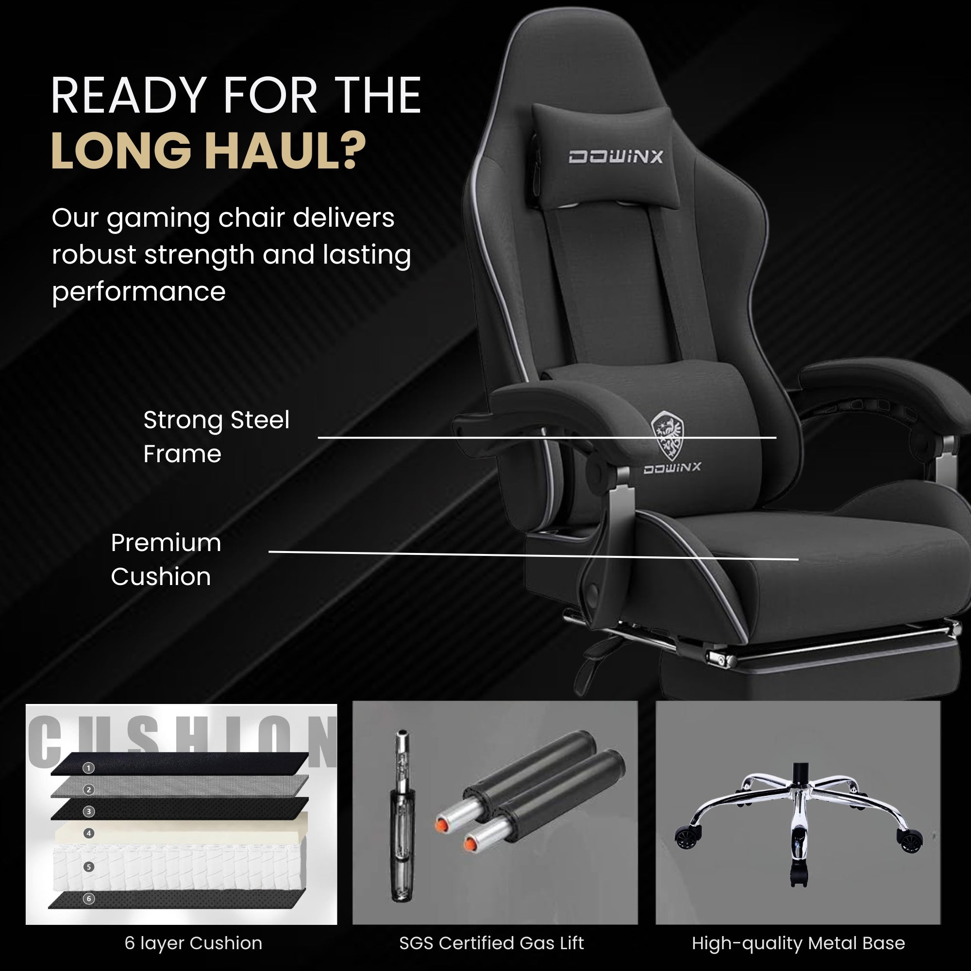 Dowinx Premium Fabric Gaming Chair (Black) | LinkArm | Massage Cushion | Footrest