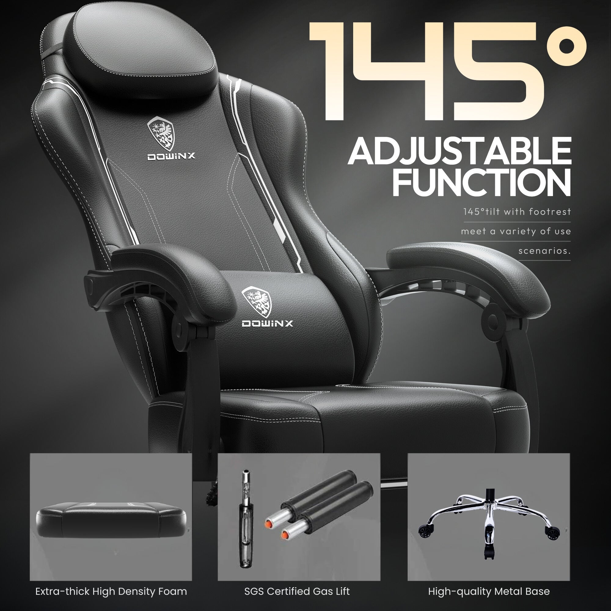 Dowinx Premium Leather Gaming Chair (Black) | LinkArm | Massage Cushion | Footrest