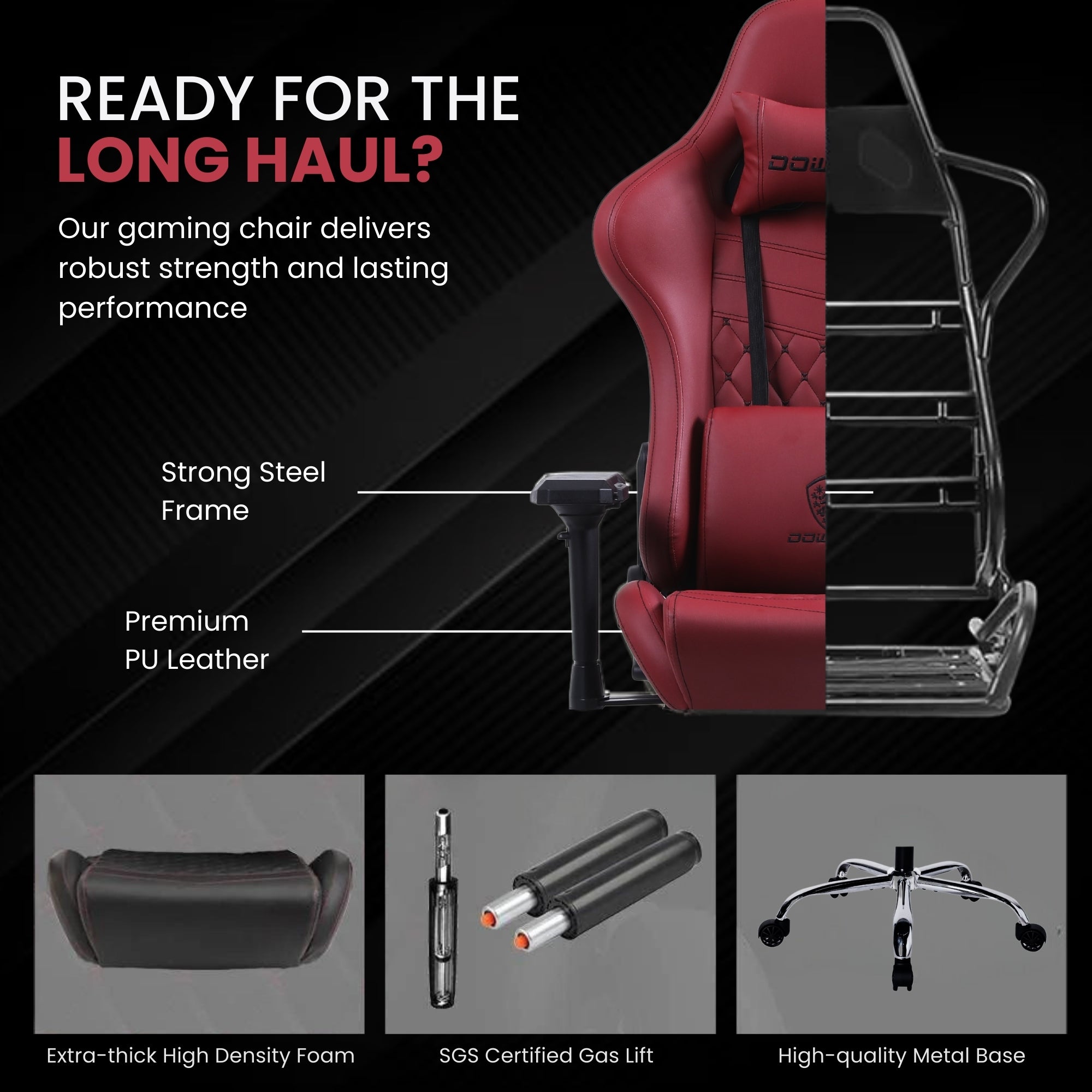 Dowinx Premium Leather Gaming Chair (Red) | 4D Arm | Massage Cushion | Footrest