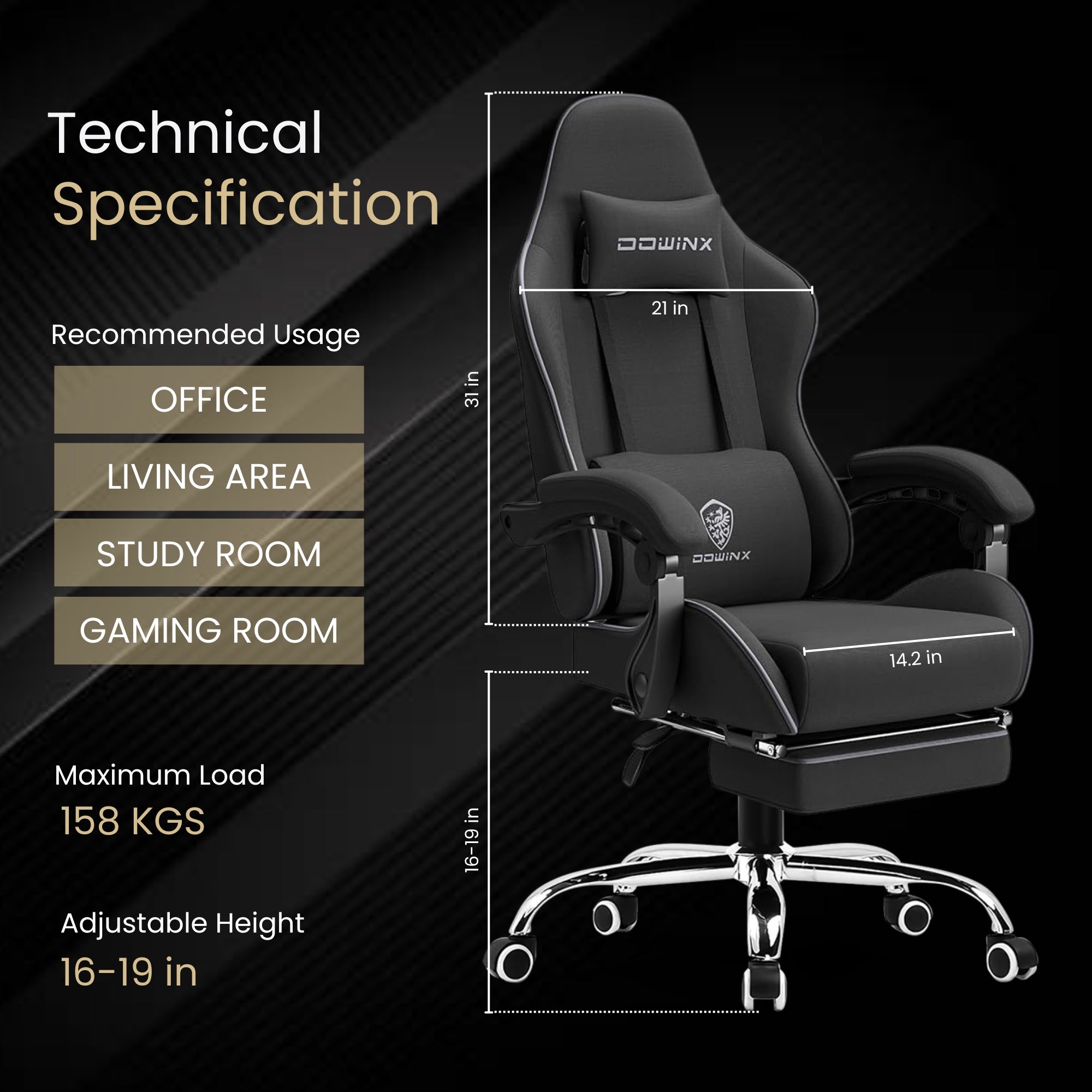 Dowinx Premium Fabric Gaming Chair (Black) | LinkArm | Massage Cushion | Footrest