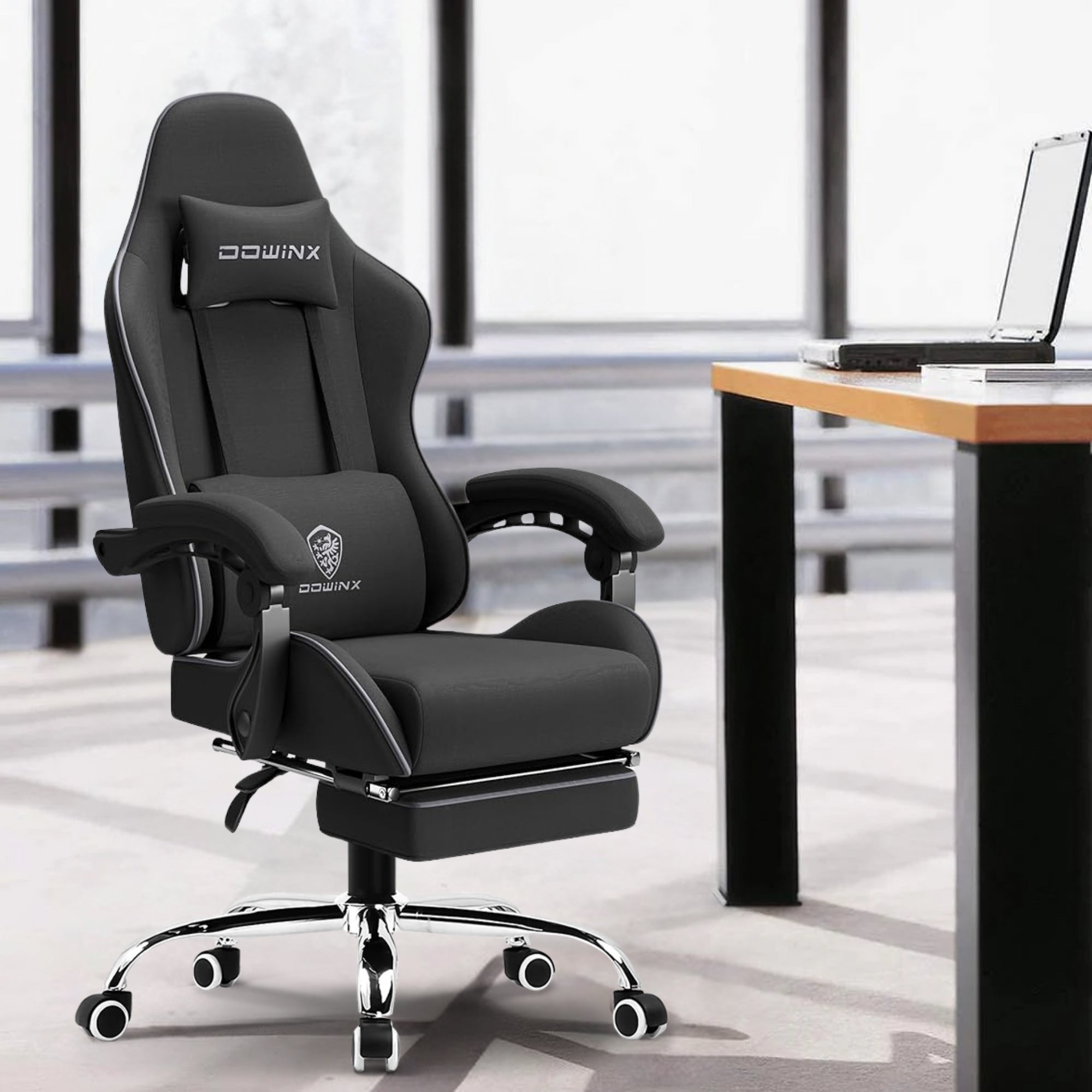 Dowinx Premium Fabric Gaming Chair (Black) | LinkArm | Massage Cushion | Footrest