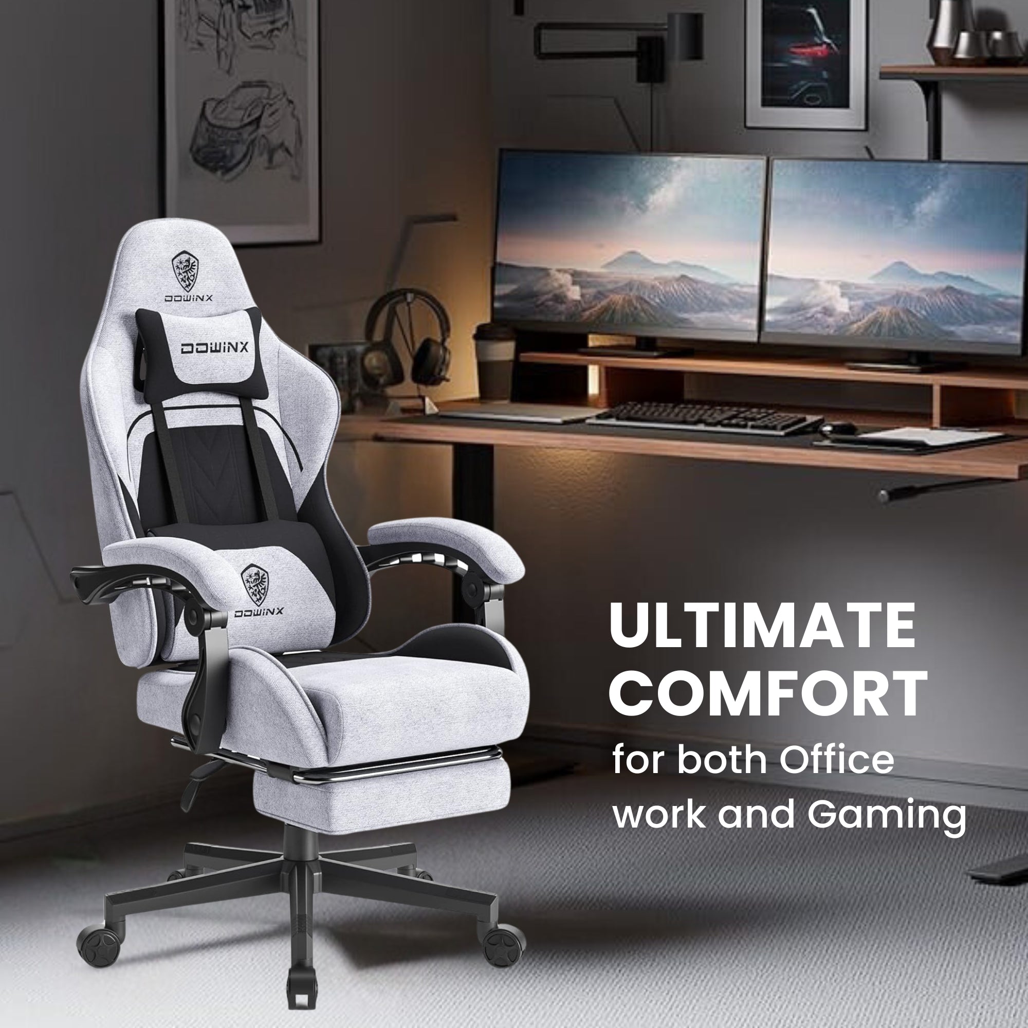 Dowinx Premium Fabric Gaming Chair (Grey) | LinkArm | Massage Cushion | Footrest
