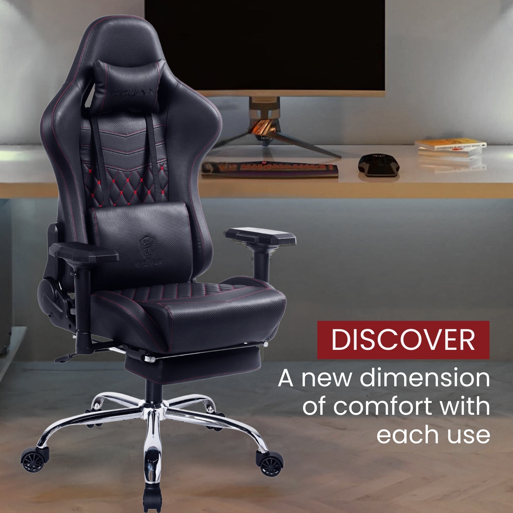 Dowinx Premium Leather Gaming Chair (Black) | 4D Arm | Massage Cushion | Footrest