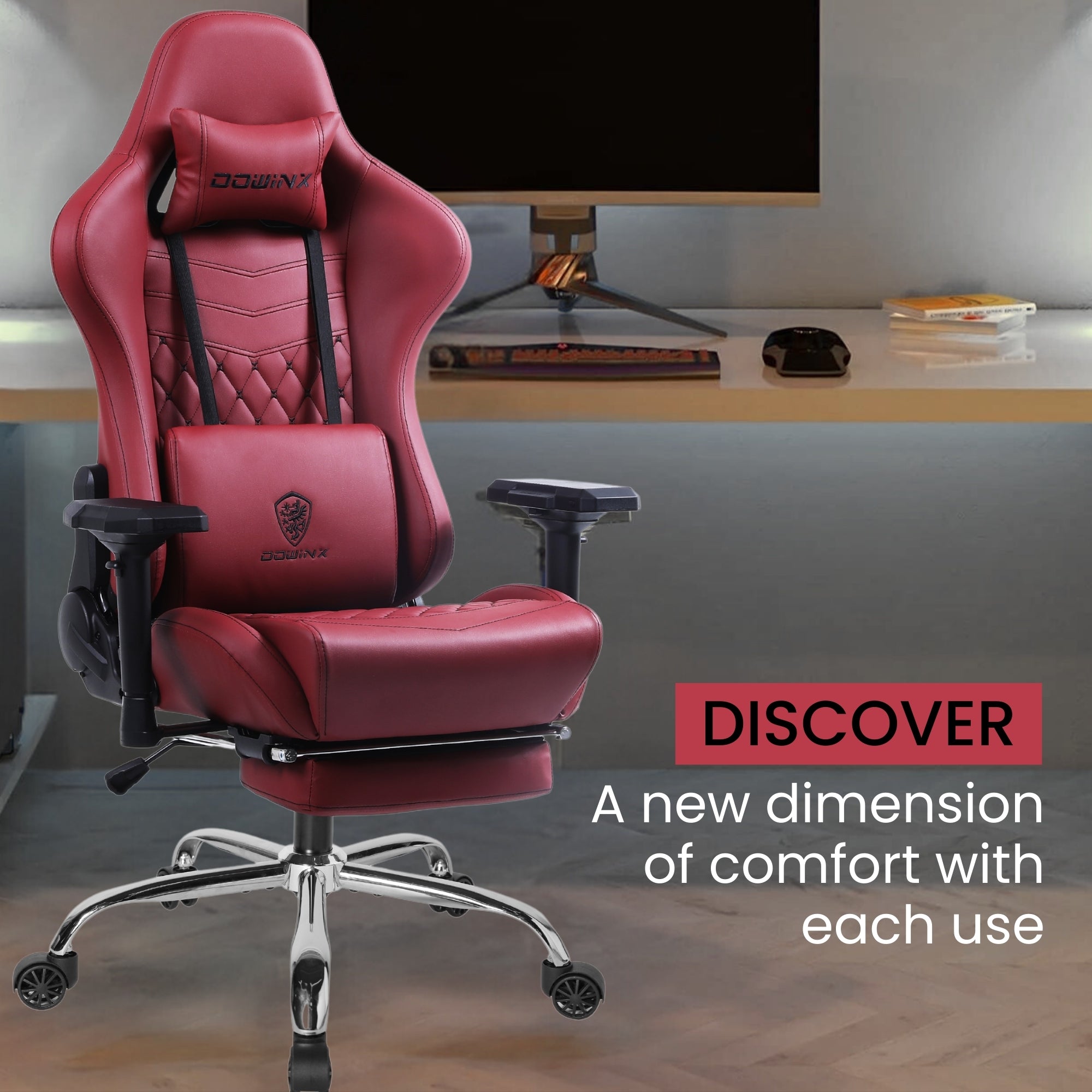 Dowinx Premium Leather Gaming Chair (Red) | 4D Arm | Massage Cushion | Footrest